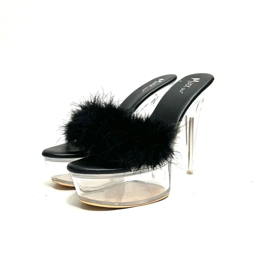 Vintage 1990s black marabou feather see thru plastic platform stripper heels